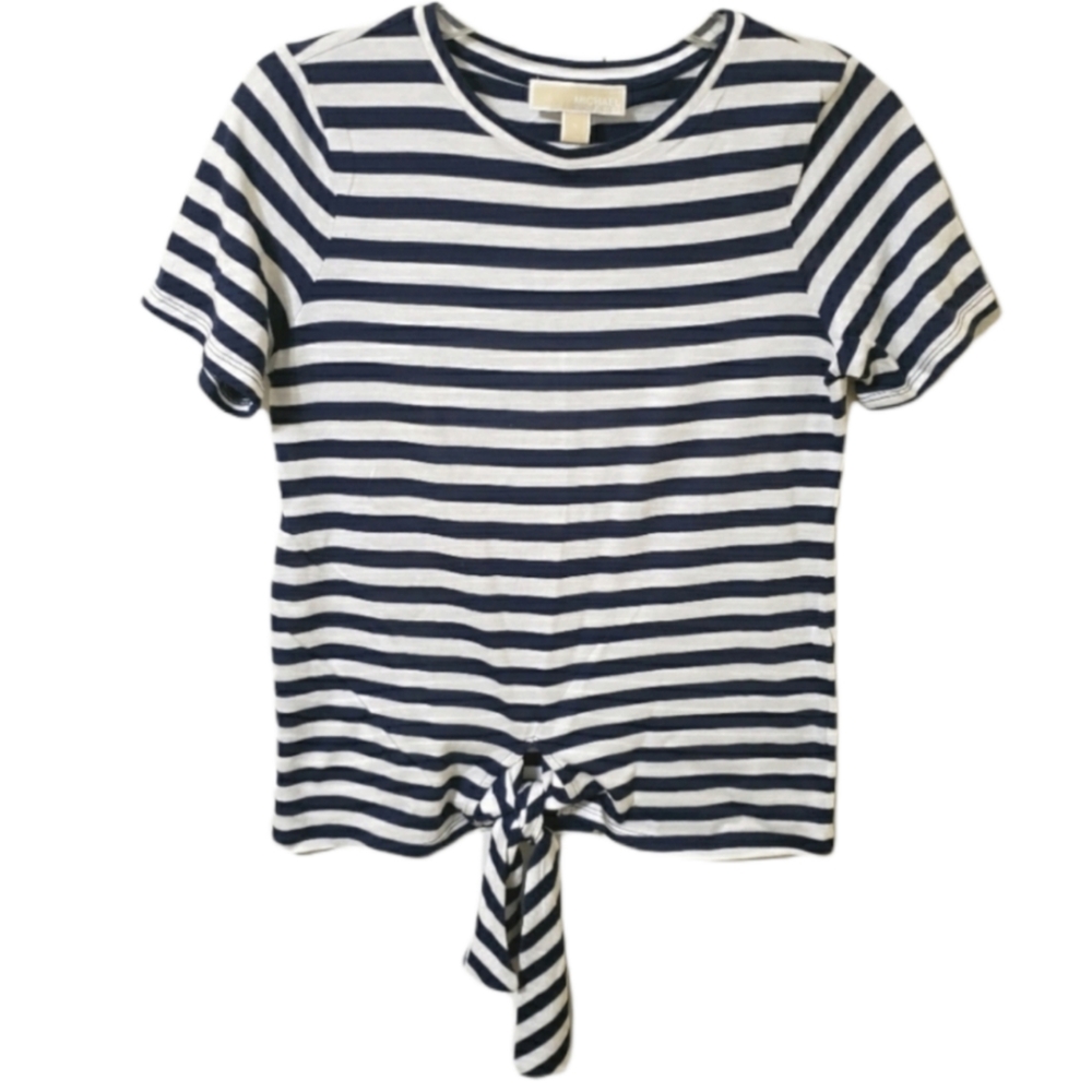 Michael Kors Navy Blue and White Striped Tie Front Top Women's Size Small